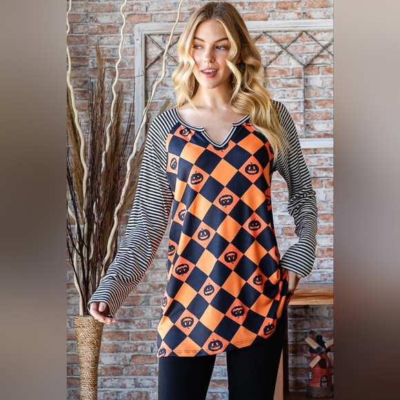 Heimish Full Size Checkered Contrast Striped Long Sleeve T-Shirt - Picture 1 of 8